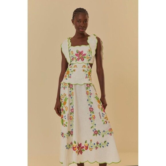 FARM Rio Dresses & Skirts - Farm Rio Maxi Dress XL Tropical Romance Needlepoint Cut-Out Linen White Floral